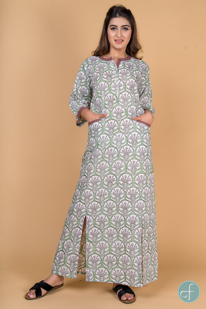 GREEN FLORAL BLOCK PRINT NIGHT GOWN-NG2
