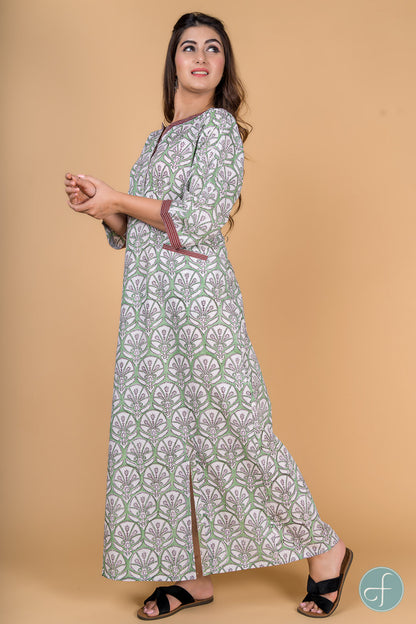 GREEN FLORAL BLOCK PRINT NIGHT GOWN-NG2