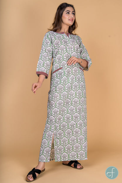 GREEN FLORAL BLOCK PRINT NIGHT GOWN-NG2