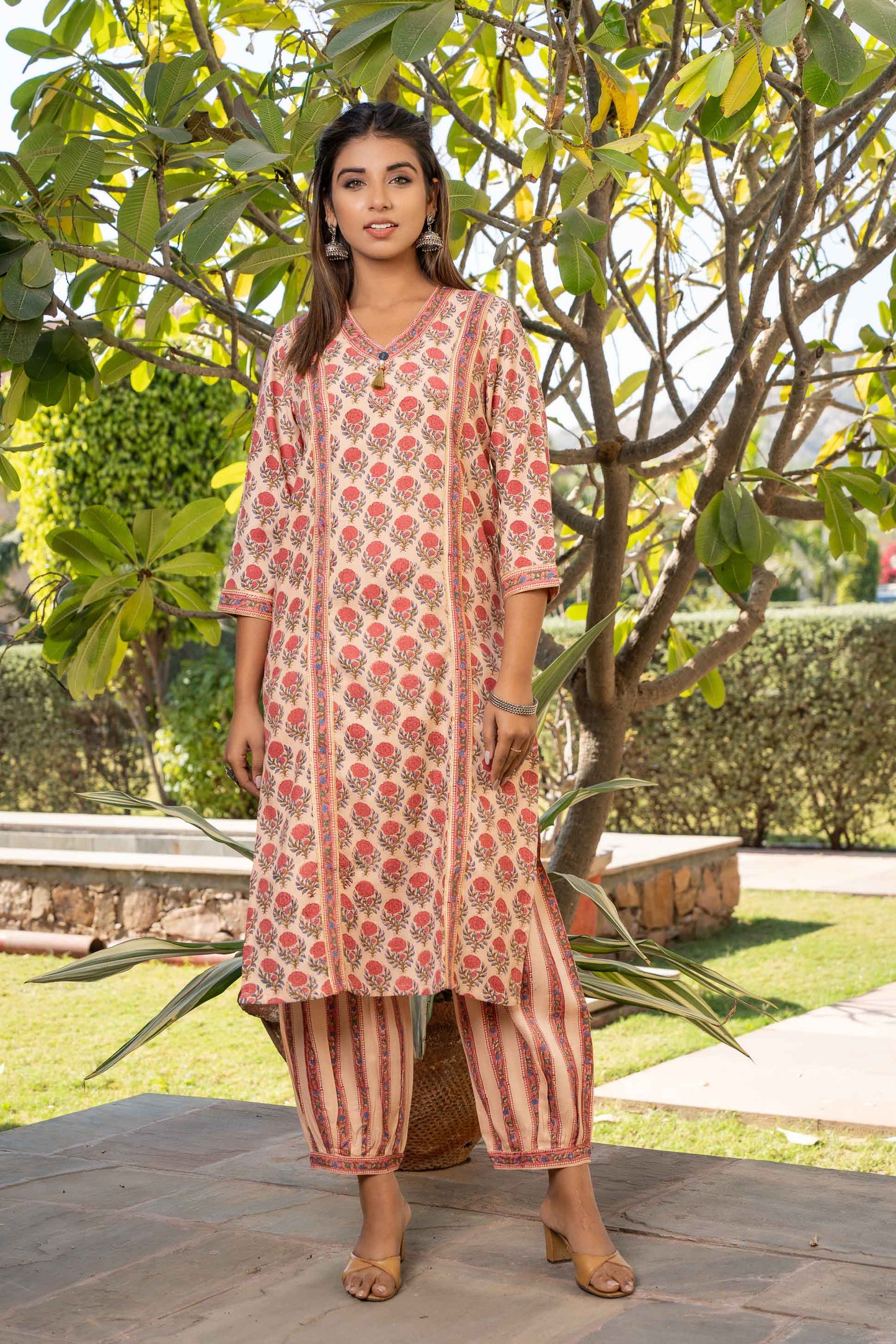 PEACH FLORAL BLOCK PRINTED KURTA-KS565