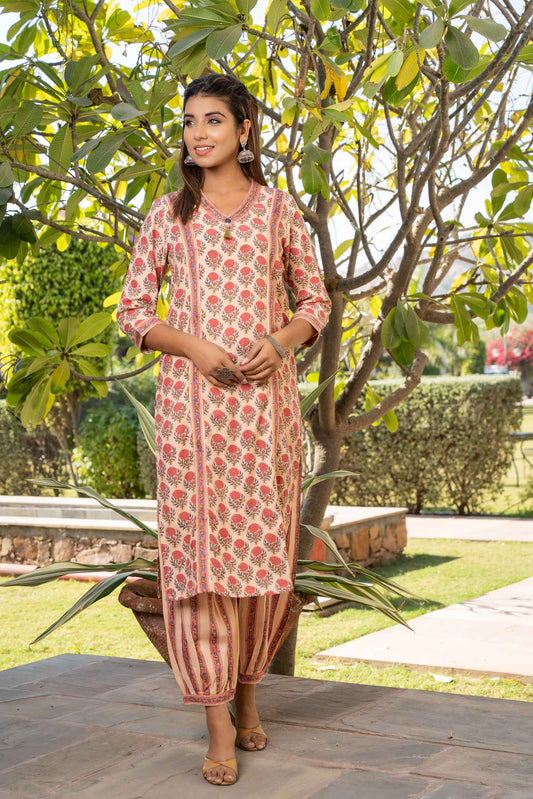 PEACH FLORAL BLOCK PRINTED KURTA SET-KS551