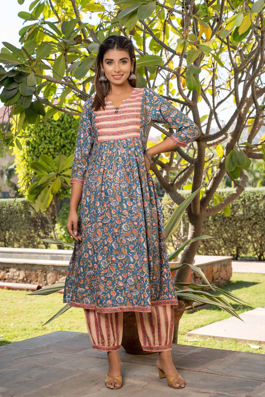 BLUE FLORAL BLOCK PRINTED KURTA SET-KS552