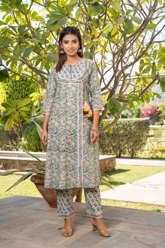 GREY FLORAL ANGRAKHA BLOCK PRINTED KURTA SET-KS550