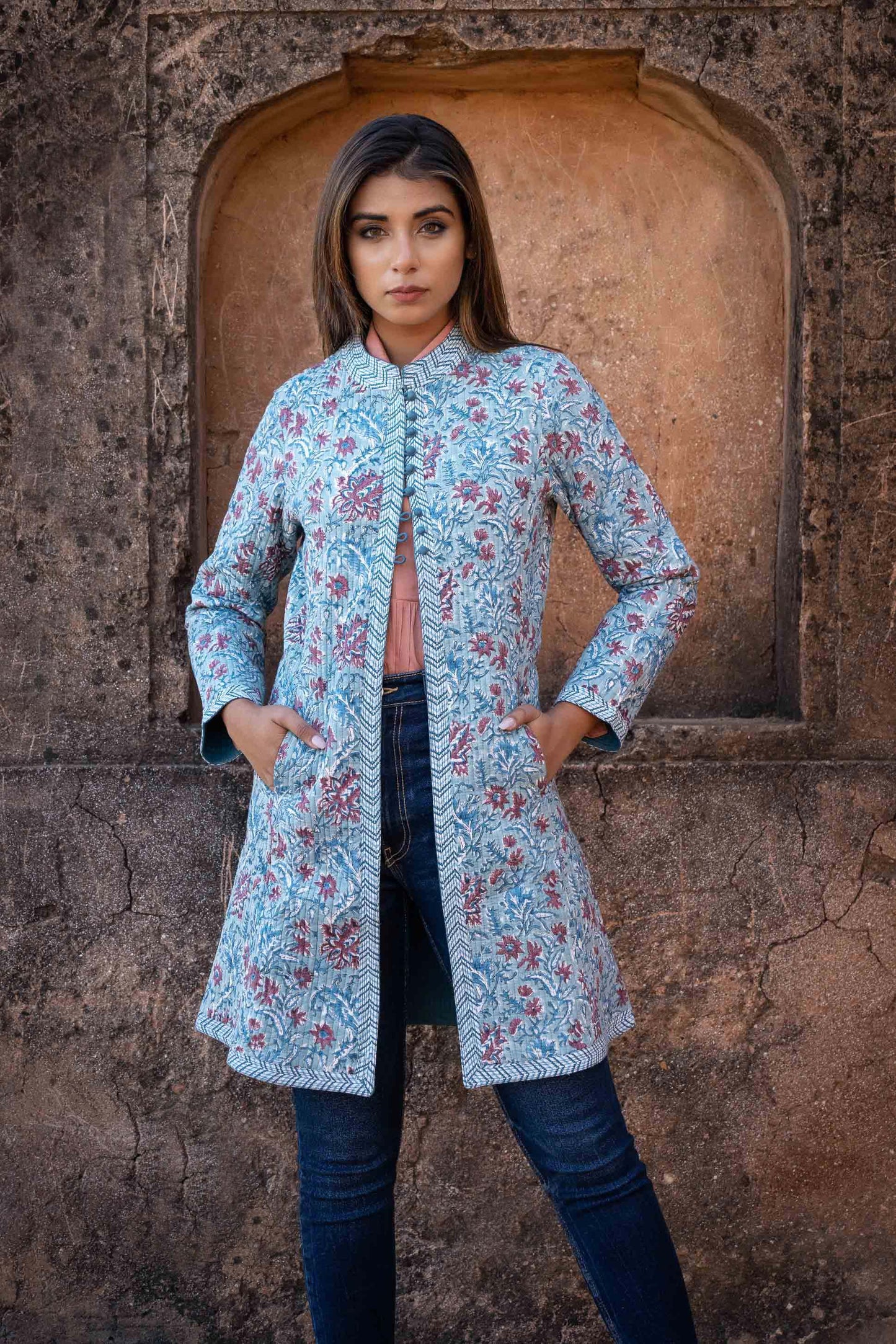Blue Block Printed Quilted Coat-NVQJ452 SALE