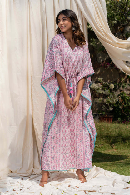ICING PINK BLOCK PRINT KAFTAN-NVK275