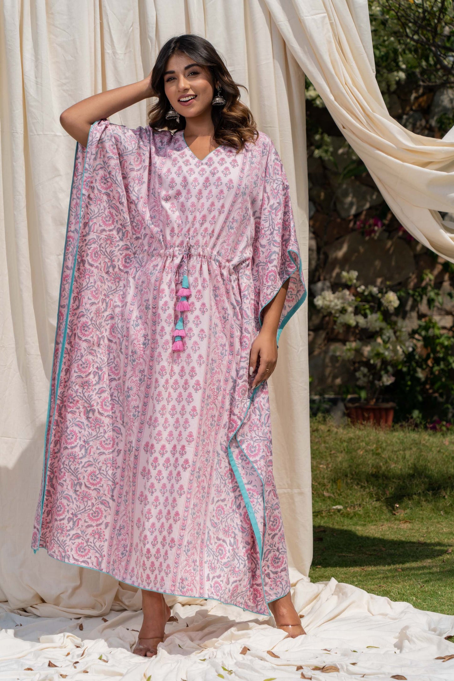 ICING PINK BLOCK PRINT KAFTAN-NVK275