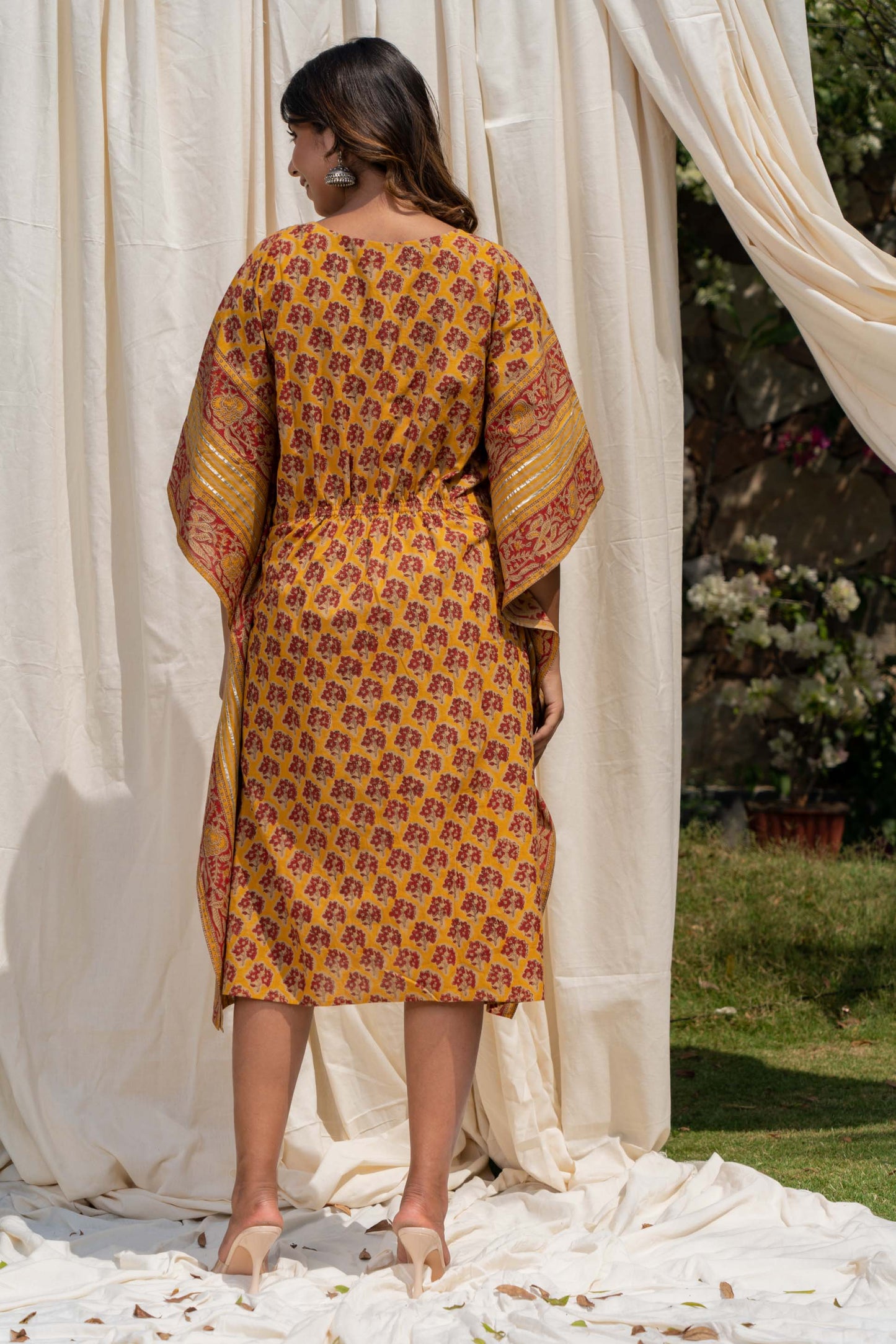 GOLDEN MUSTARD BLOCK PRINT COTTON KAFTAN-NVK269