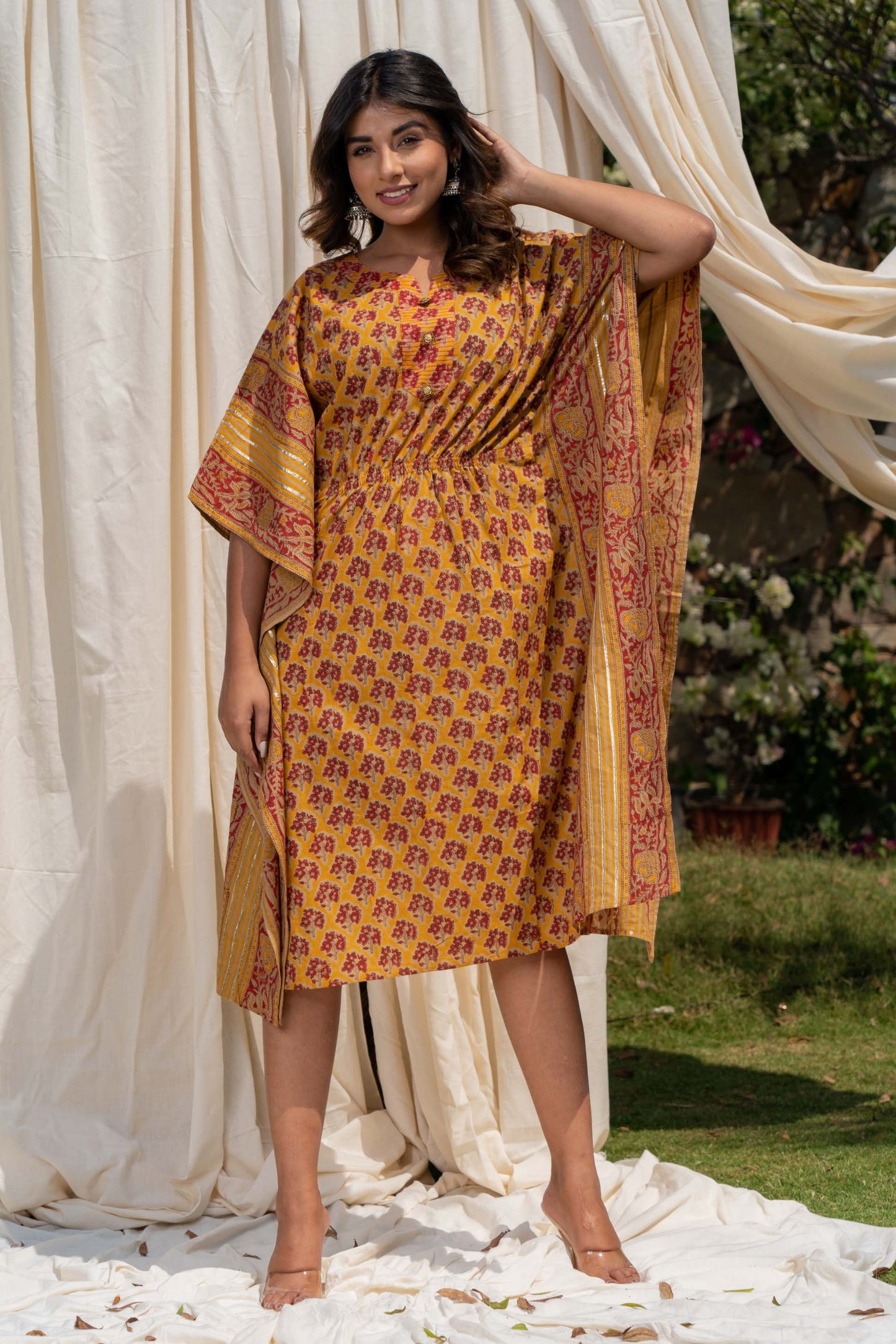 GOLDEN MUSTARD BLOCK PRINT COTTON KAFTAN-NVK269