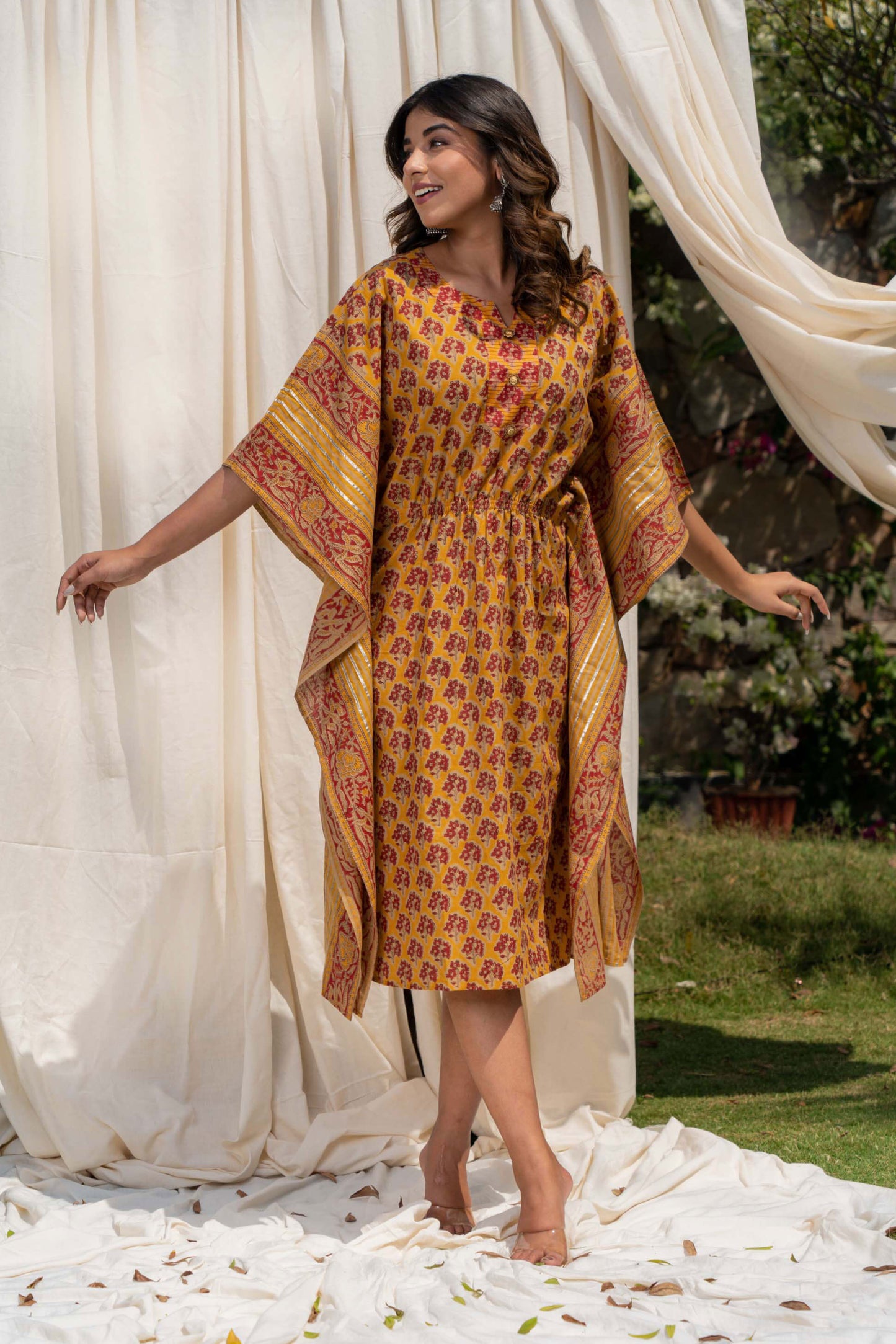 GOLDEN MUSTARD BLOCK PRINT COTTON KAFTAN-NVK269