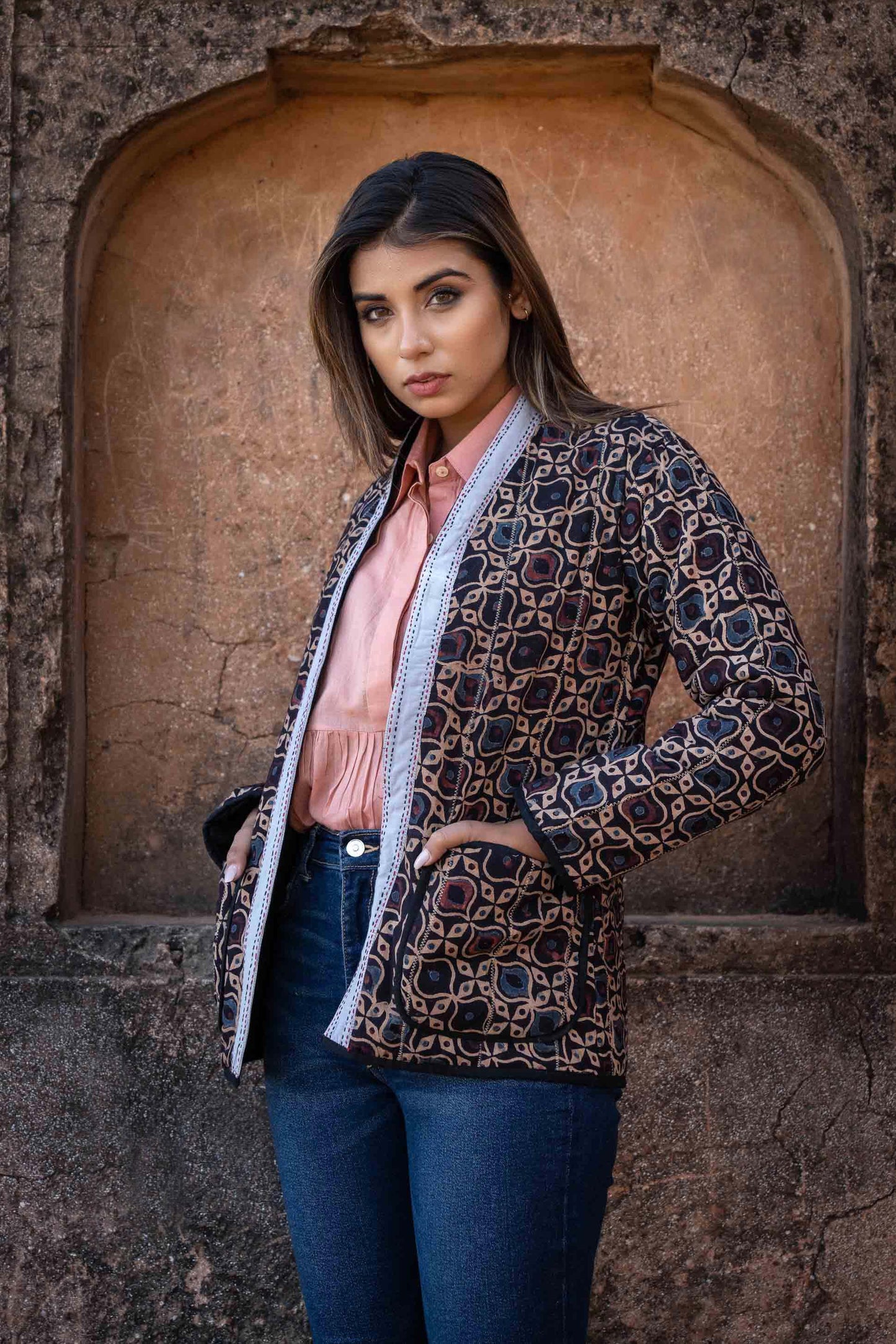 Ajrakh Block Printed Quilted Puffer Jacket-NVQJ444