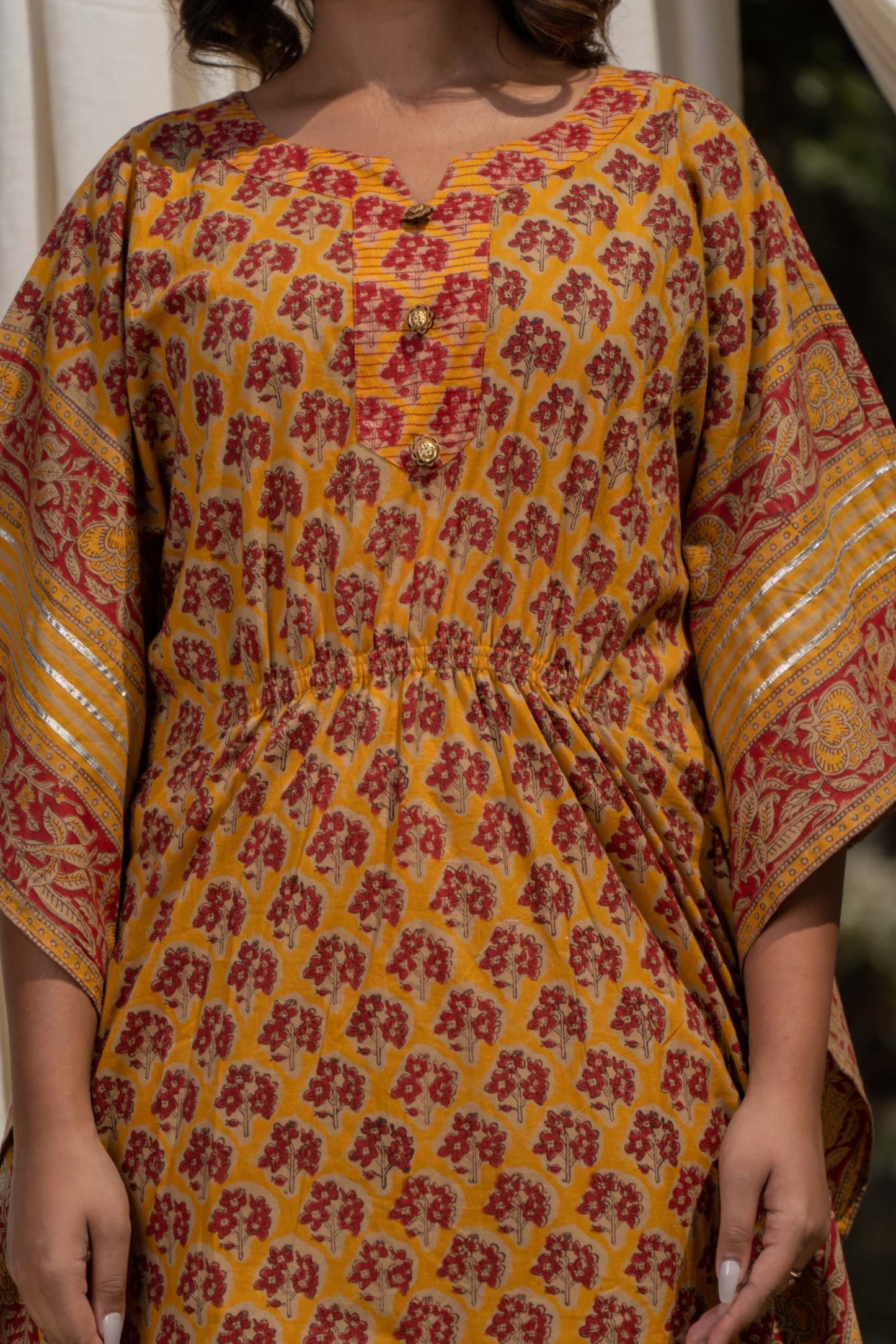 GOLDEN MUSTARD BLOCK PRINT COTTON KAFTAN-NVK269