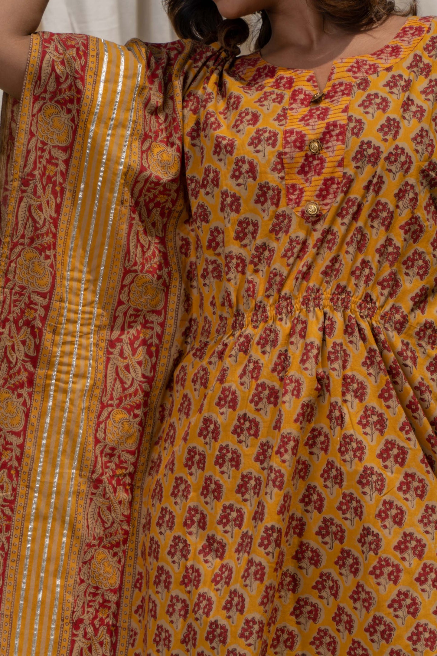 GOLDEN MUSTARD BLOCK PRINT COTTON KAFTAN-NVK269