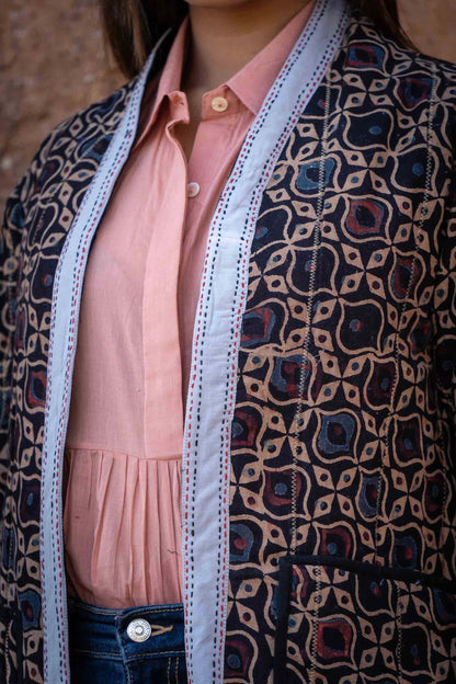 Ajrakh Block Printed Quilted Puffer Jacket-NVQJ444