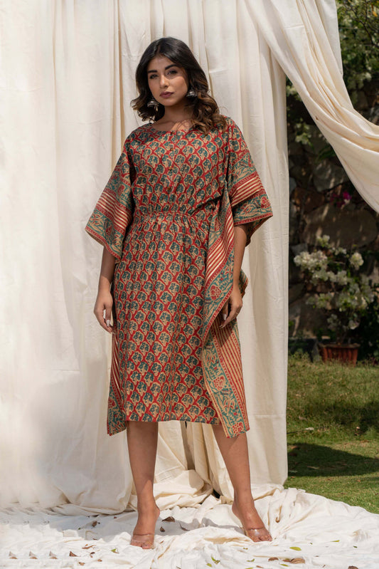 TREE GREEN BLOCK PRINT COTTON KAFTAN-NVK270