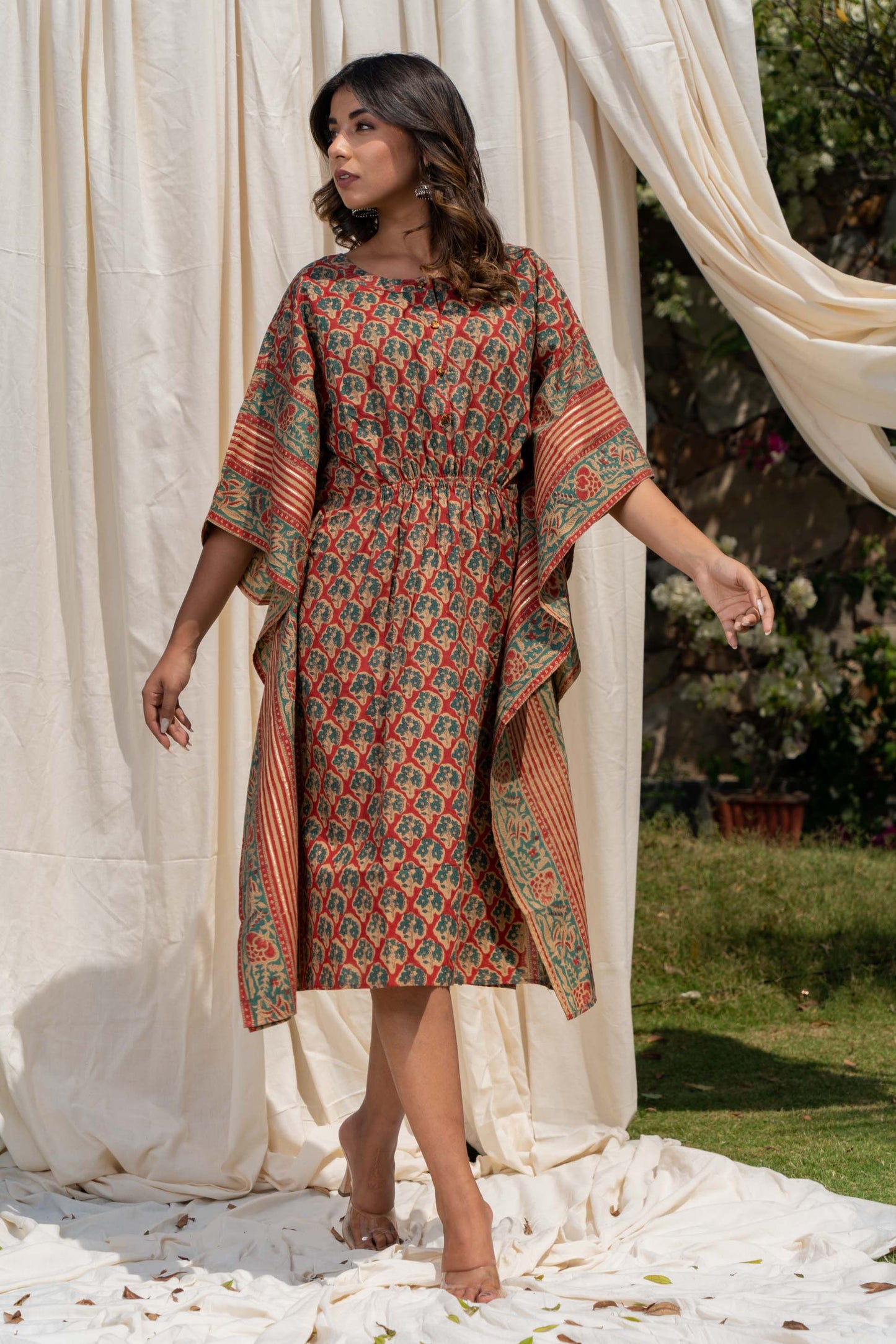 TREE GREEN BLOCK PRINT COTTON KAFTAN-NVK270