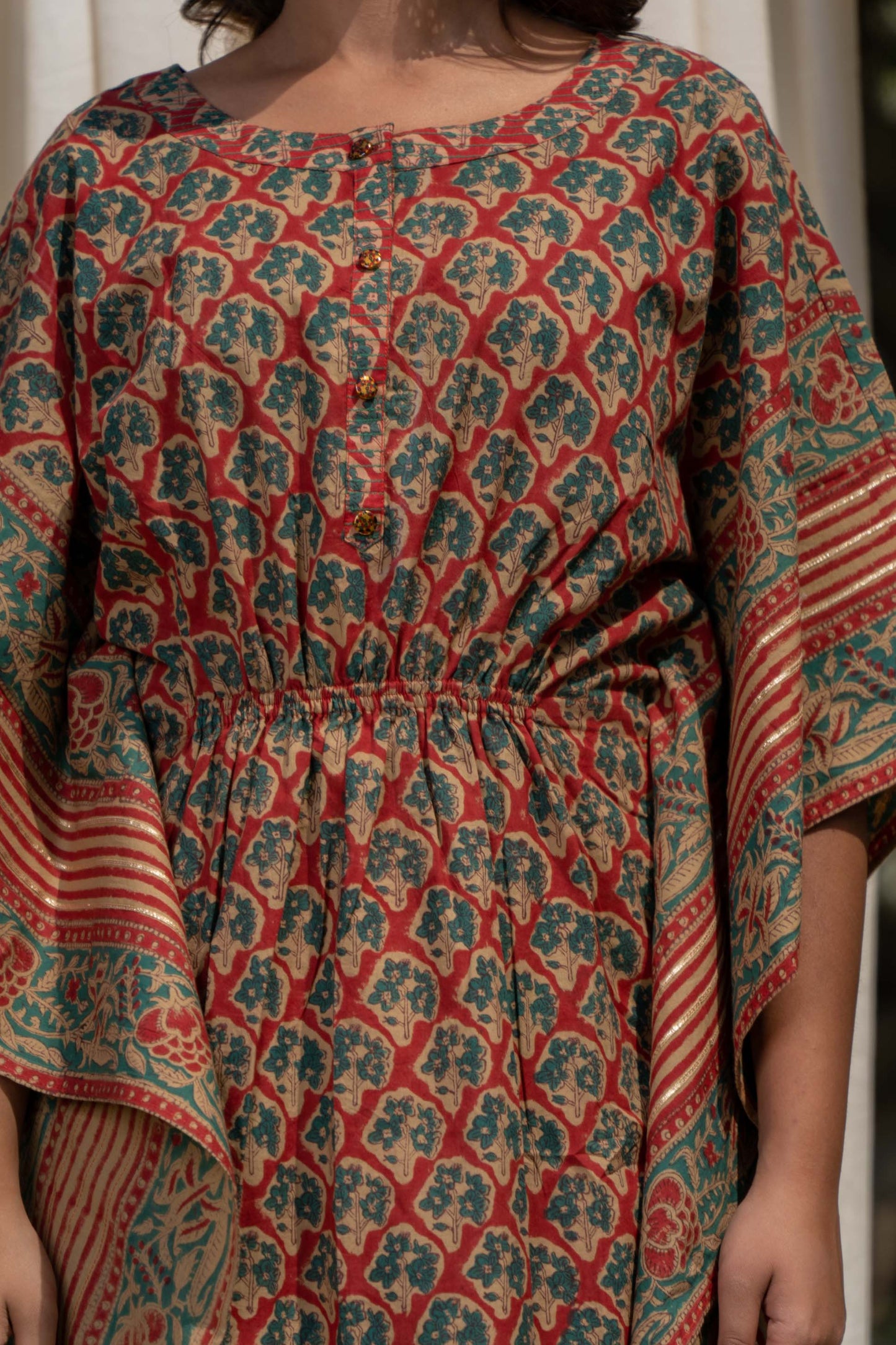 TREE GREEN BLOCK PRINT COTTON KAFTAN-NVK270