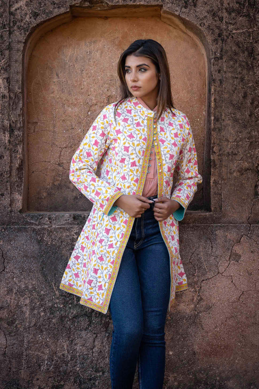 Yellow Pink Block Printed Quilted Coat-NVQJ450