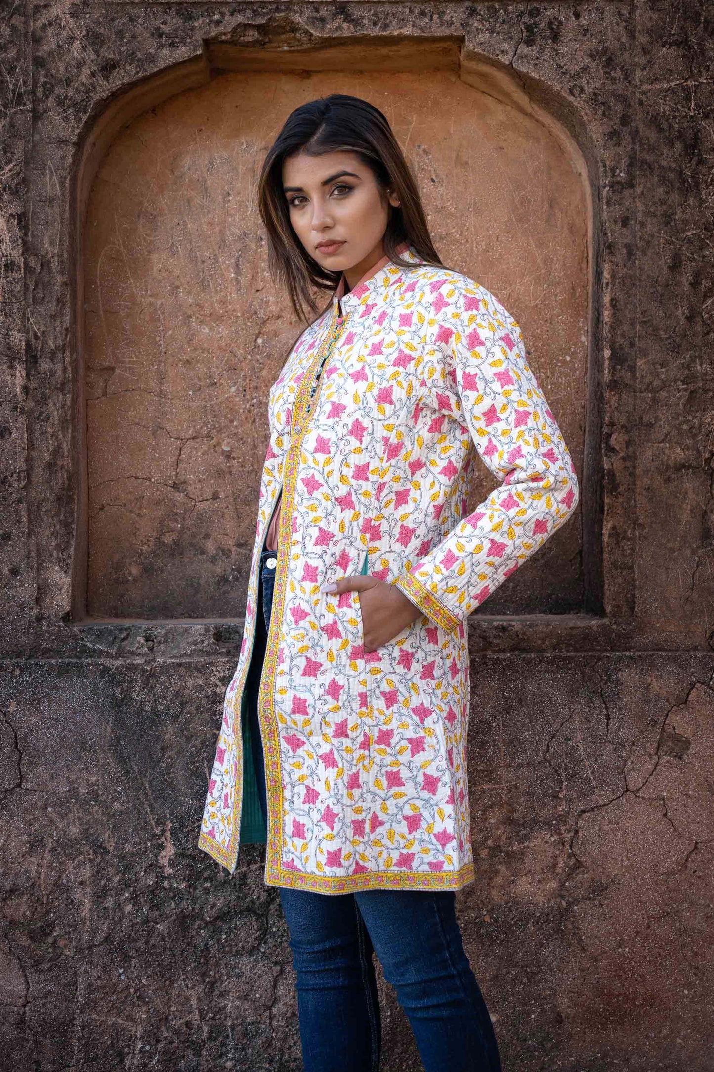 Yellow Pink Block Printed Quilted Coat-NVQJ450