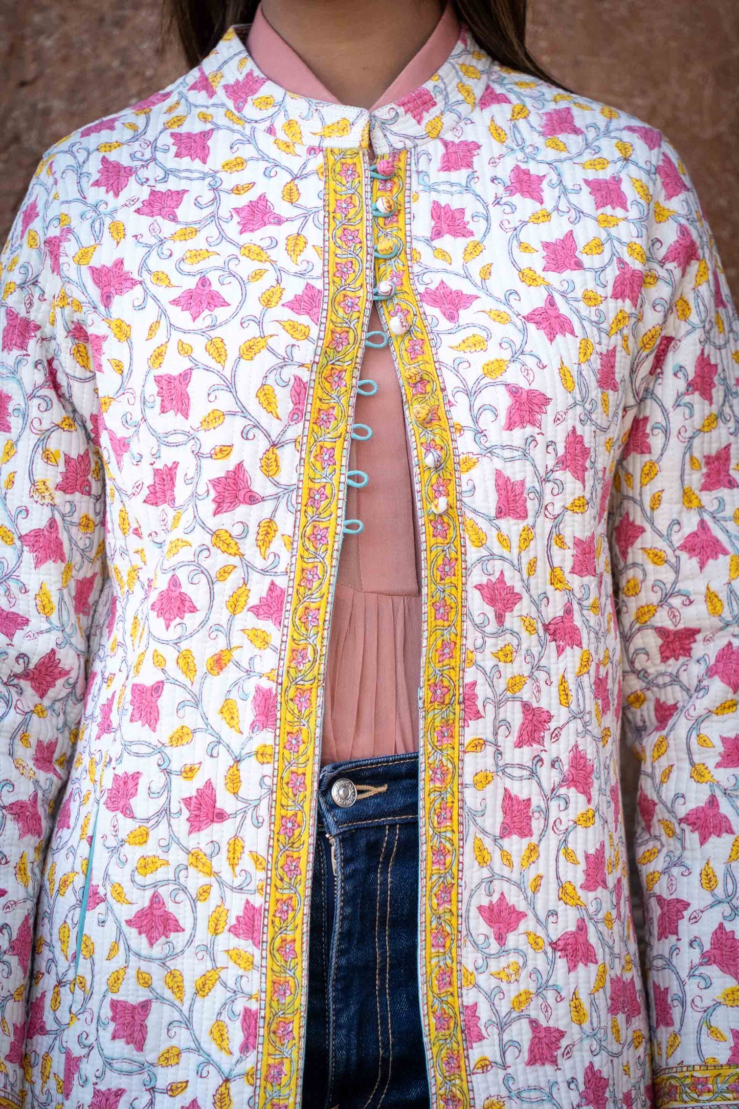 Yellow Pink Block Printed Quilted Coat-NVQJ450