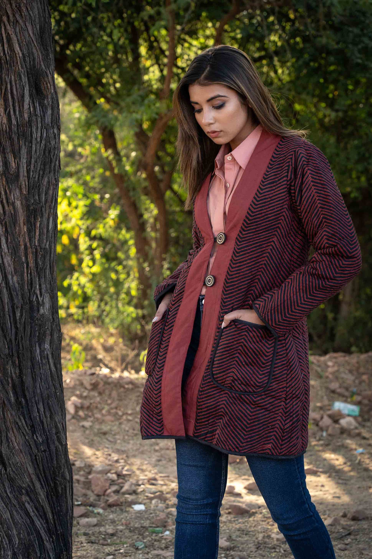 Bagru Hand Block Printed Puffer Coat-NVQJ449