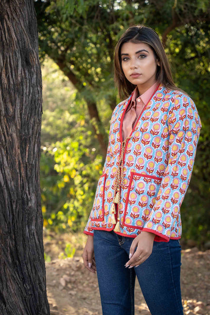 Blue Block Printed Quilted Puffer Jacket-NVQJ443