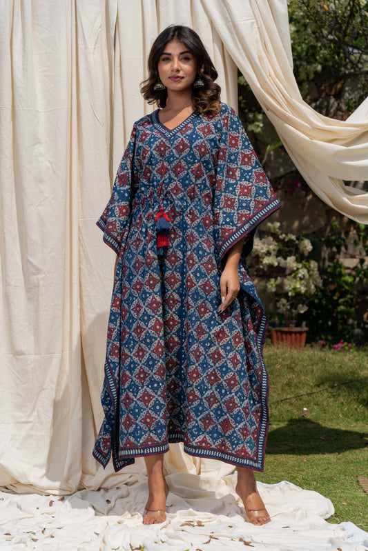 NATURAL BLUE AJRAKH COTTON KAFTAN-NVK281