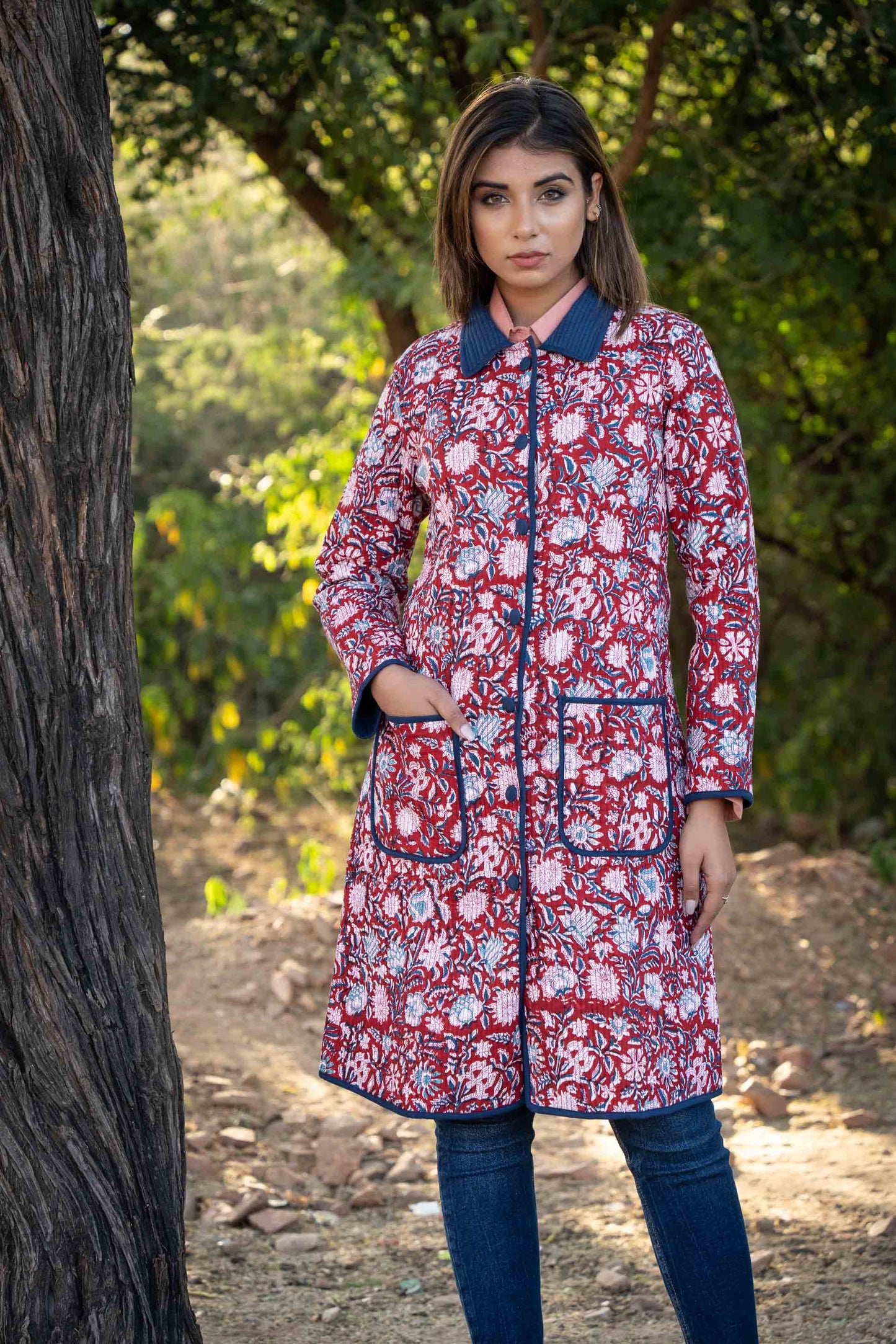 Red Blue Block Printed Reversible Quilted Coat-NVQJ440 SALE