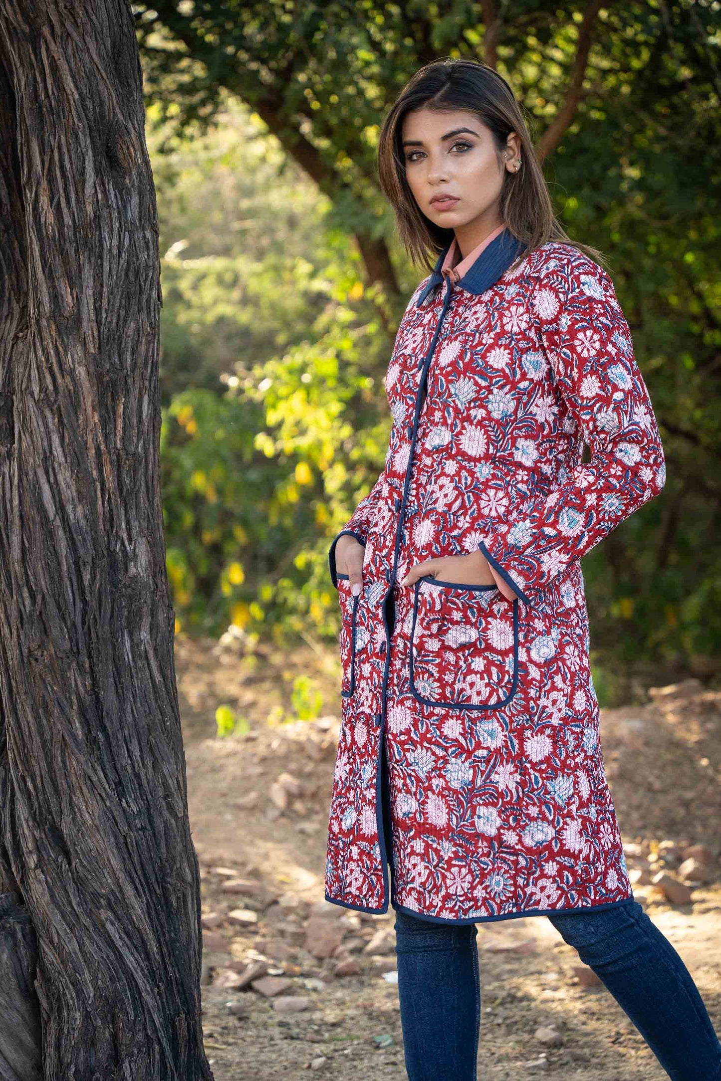 Red Blue Block Printed Reversible Quilted Coat-NVQJ440 SALE