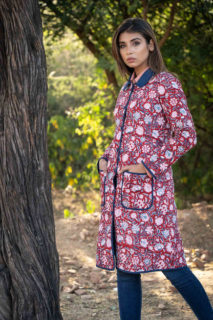 Red Blue Block Printed Reversible Quilted Coat-NVQJ440 SALE