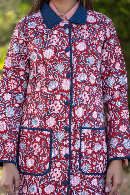 Red Blue Block Printed Reversible Quilted Coat-NVQJ440 SALE