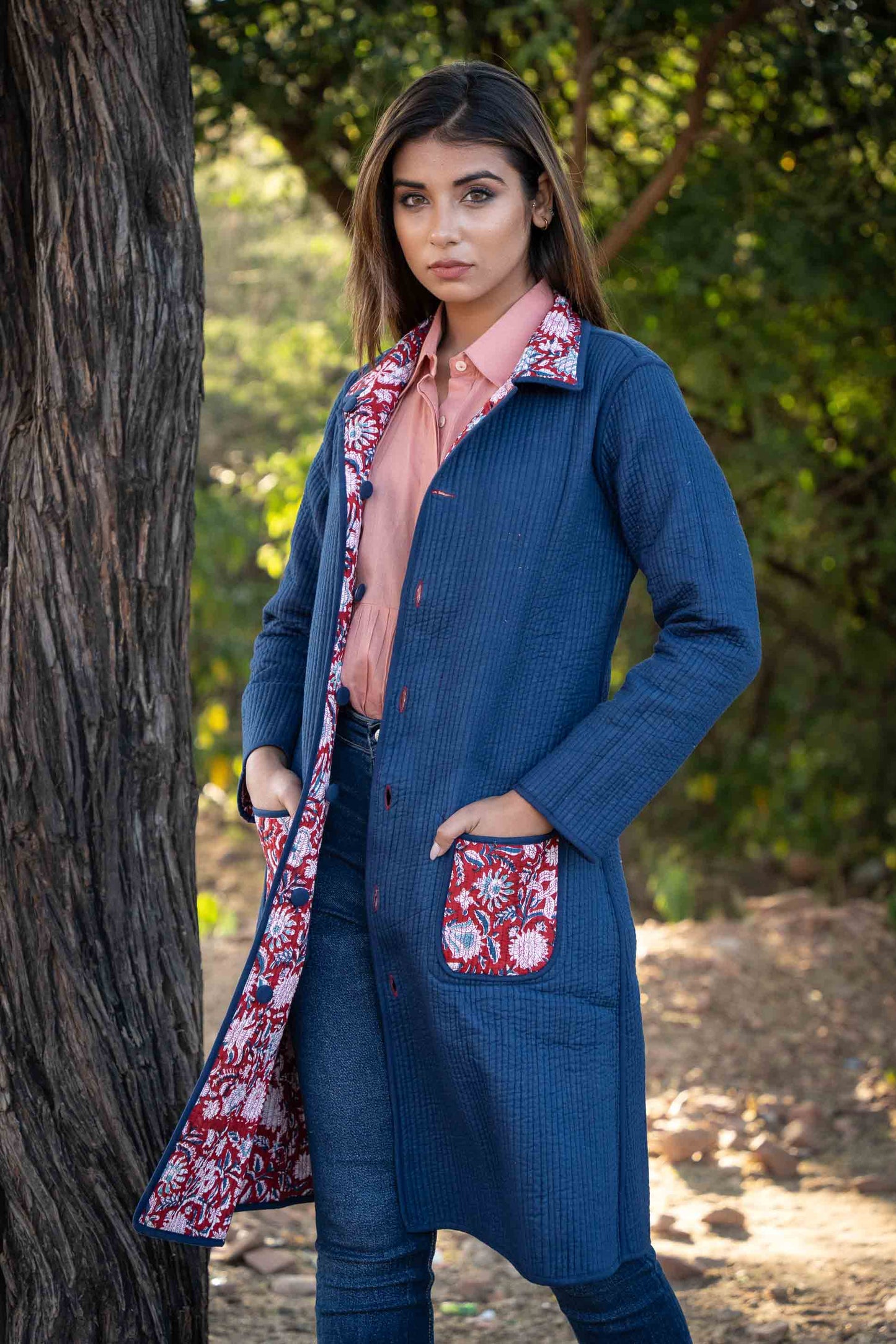Red Blue Block Printed Reversible Quilted Coat-NVQJ440 SALE