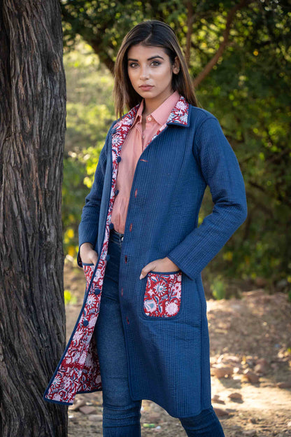 Red Blue Block Printed Reversible Quilted Coat-NVQJ440 SALE