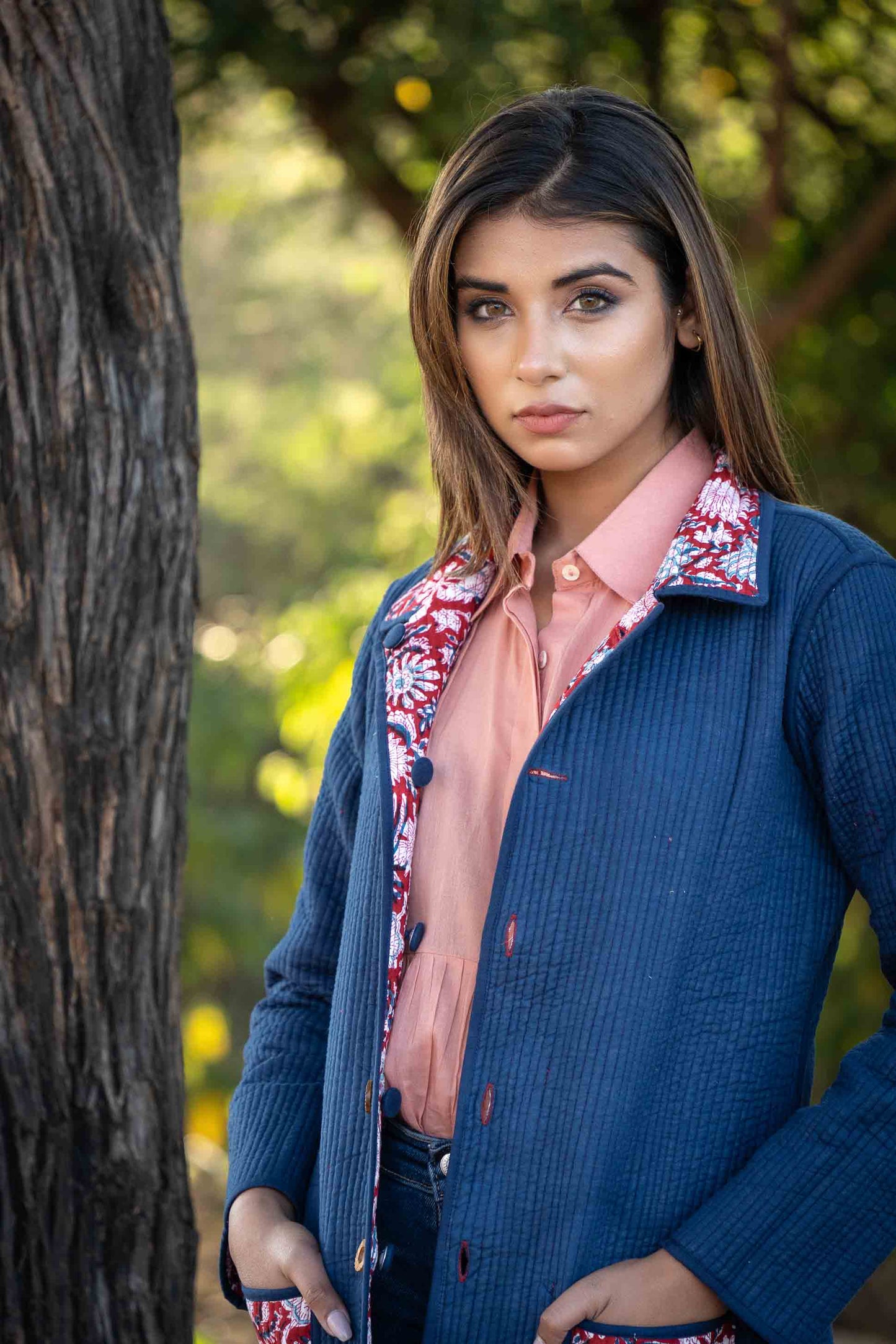 Red Blue Block Printed Reversible Quilted Coat-NVQJ440 SALE