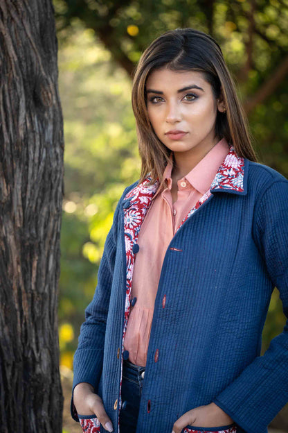 Red Blue Block Printed Reversible Quilted Coat-NVQJ440 SALE