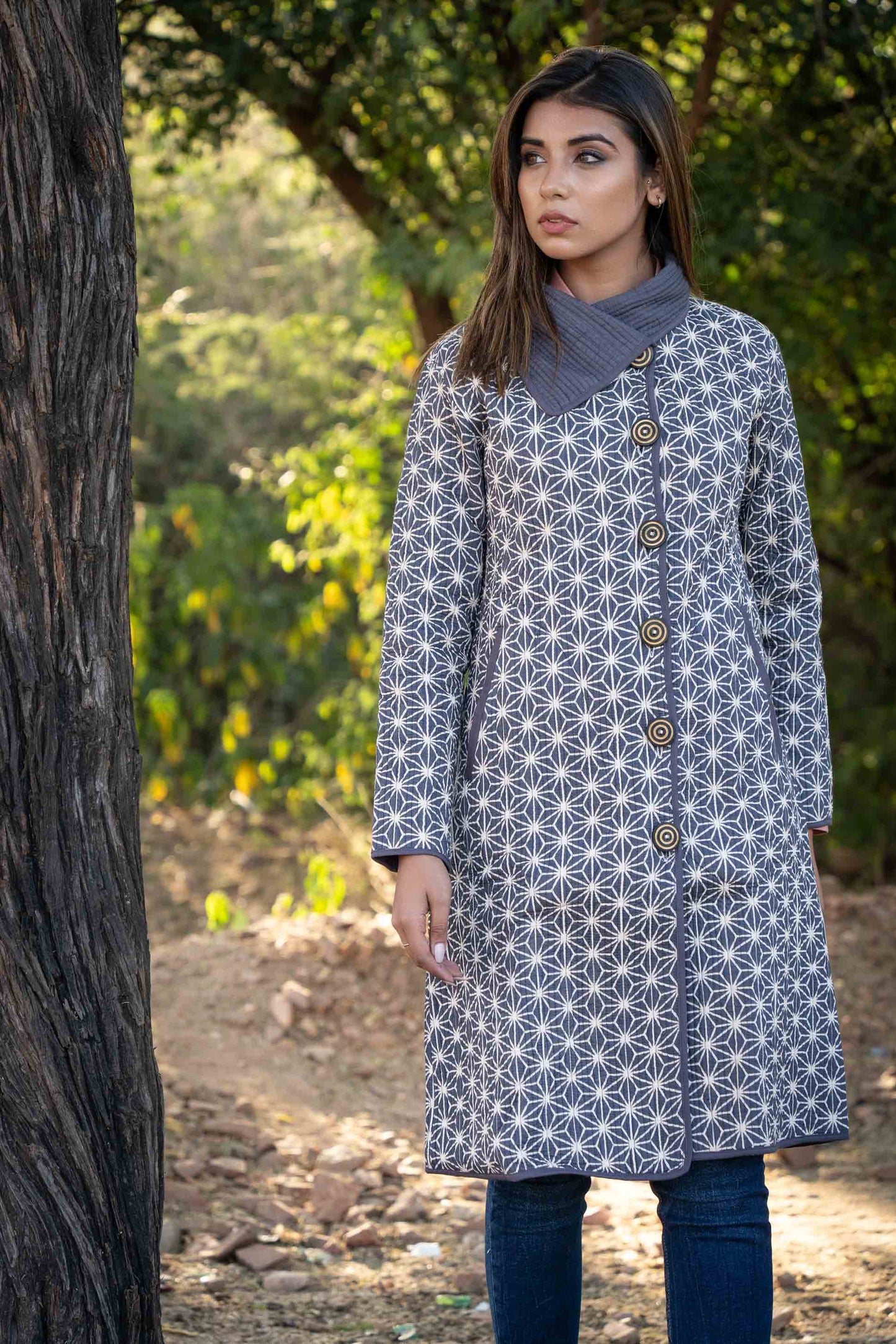 Grey Block Printed Quilted Bukhara Coat-NVQJ438 SALE