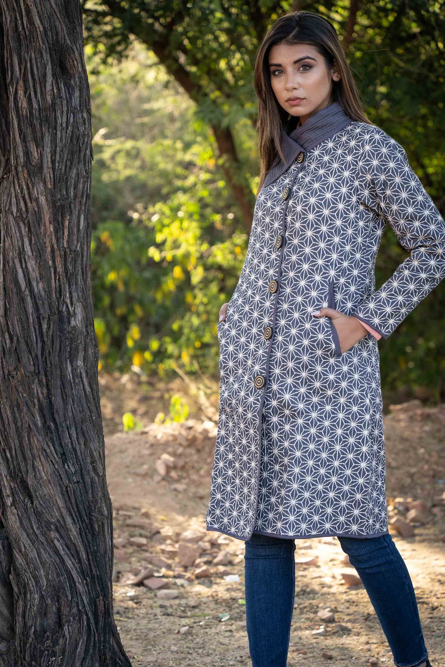 Grey Block Printed Quilted Bukhara Coat-NVQJ438 SALE