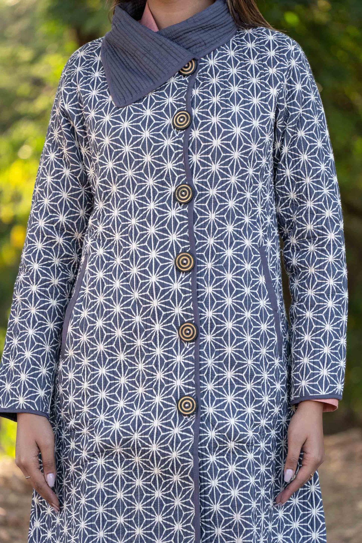 Grey Block Printed Quilted Bukhara Coat-NVQJ438 SALE