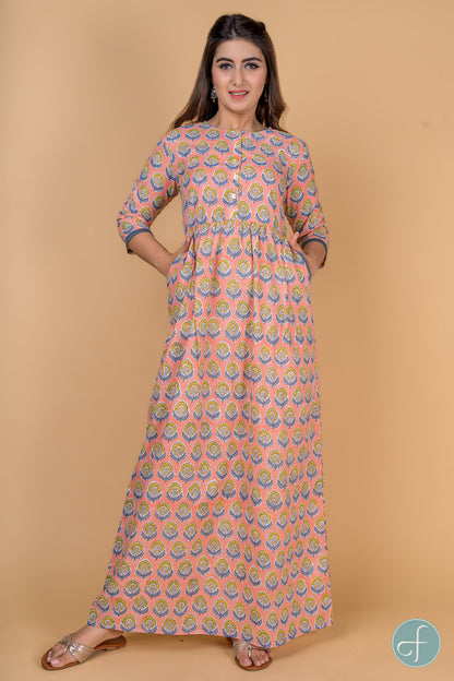 PEACH AND GREY BLOCK PRINT NIGHT GOWN-NG7