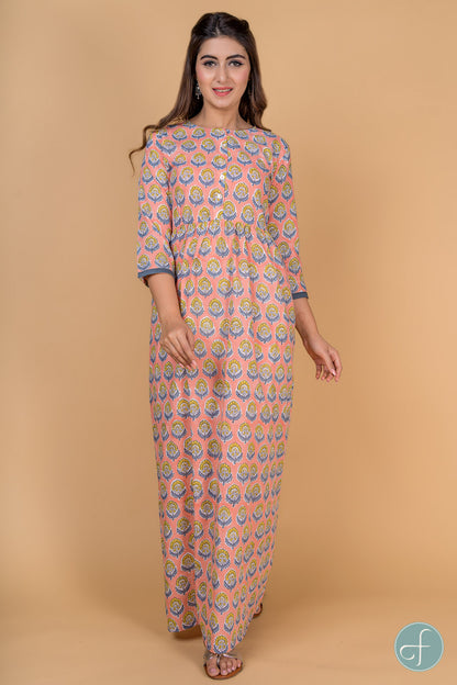 PEACH AND GREY BLOCK PRINT NIGHT GOWN-NG7