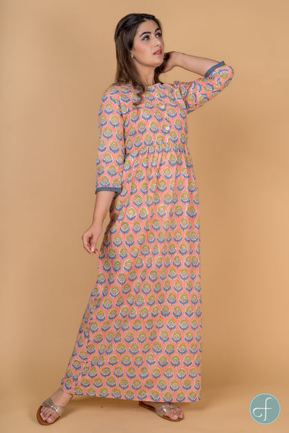 PEACH AND GREY BLOCK PRINT NIGHT GOWN-NG7