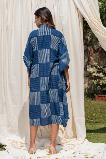 INDIGO BLOCK PRINTED COTTON SHIRT KAFTAN-NVK290