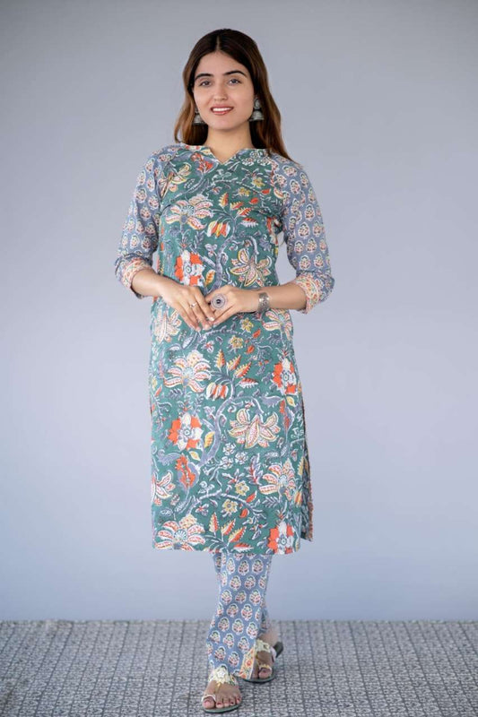 GREEN FLORAL BLOCK PRINTED KURTA PANT SET-NVKS712