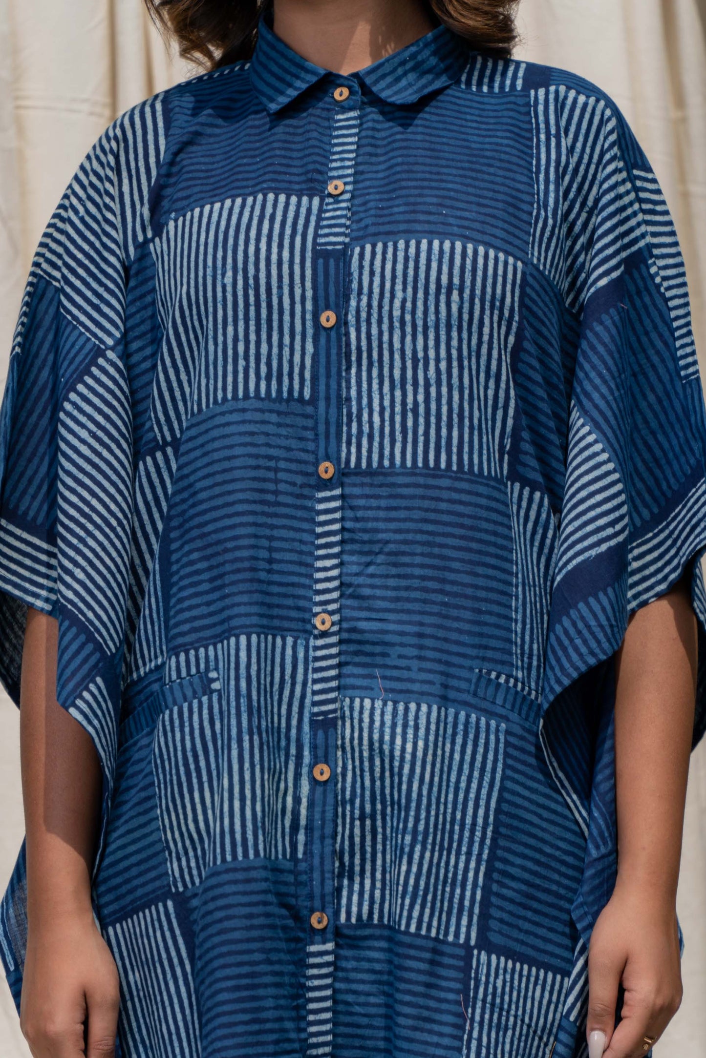 INDIGO BLOCK PRINTED COTTON SHIRT KAFTAN-NVK290