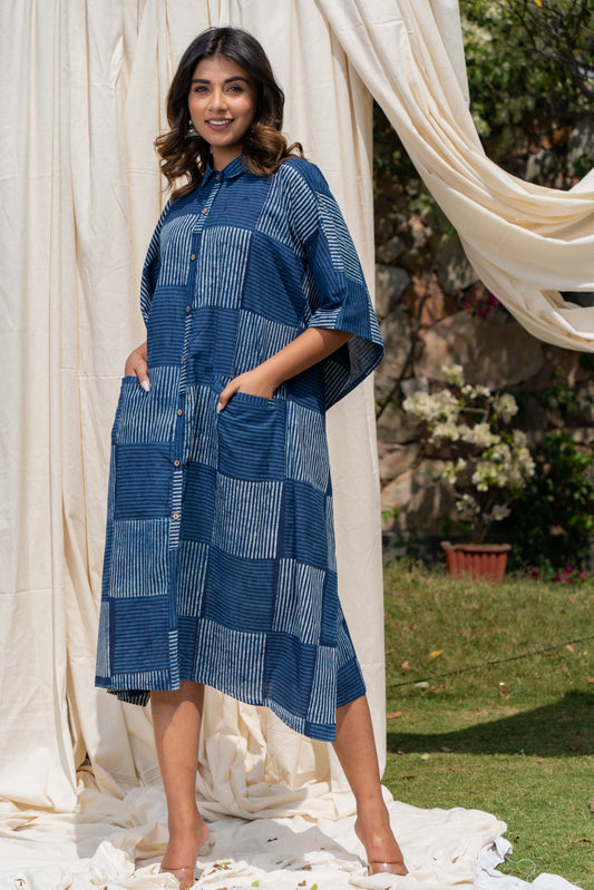 INDIGO BLOCK PRINTED COTTON SHIRT KAFTAN-NVK290