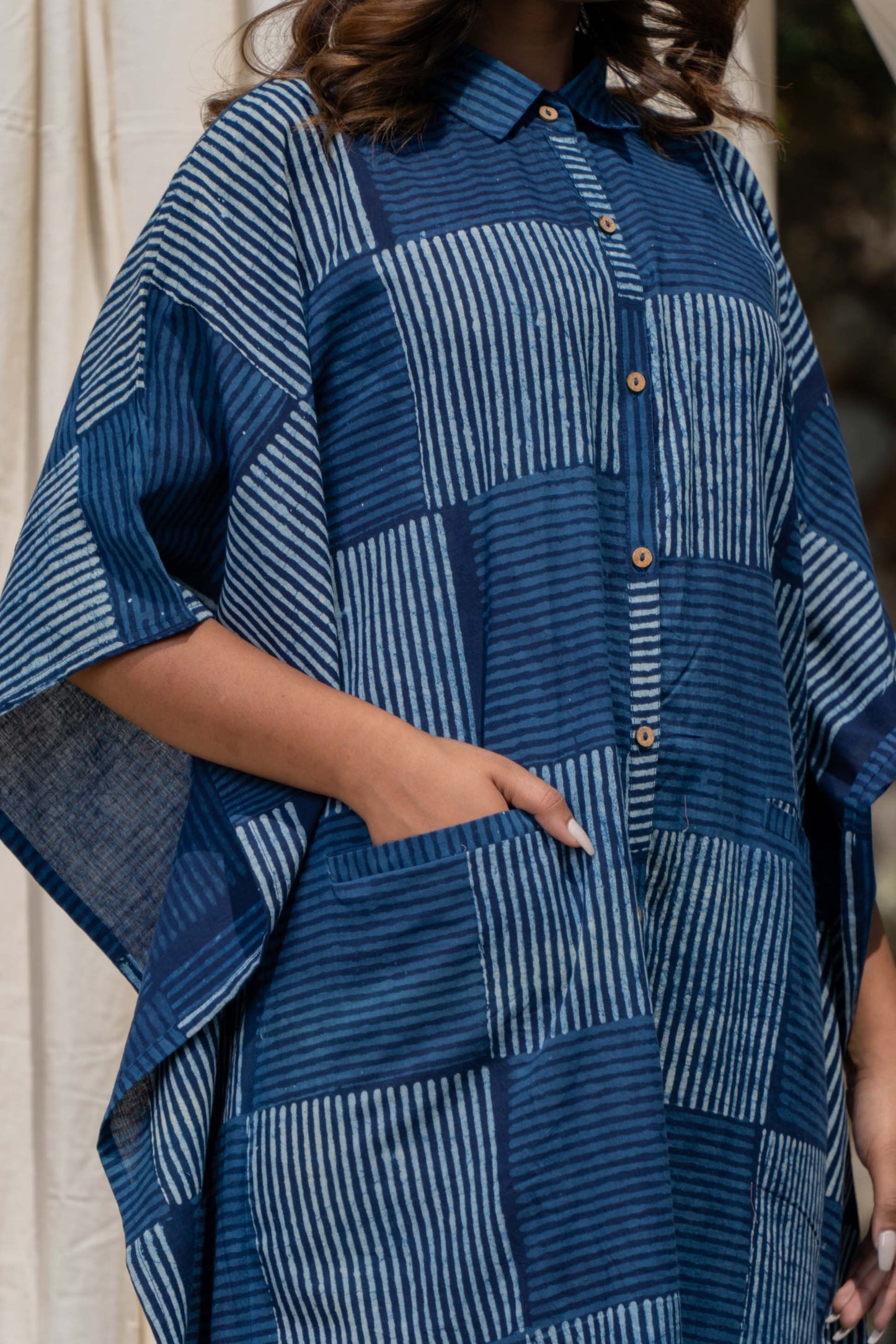 INDIGO BLOCK PRINTED COTTON SHIRT KAFTAN-NVK290