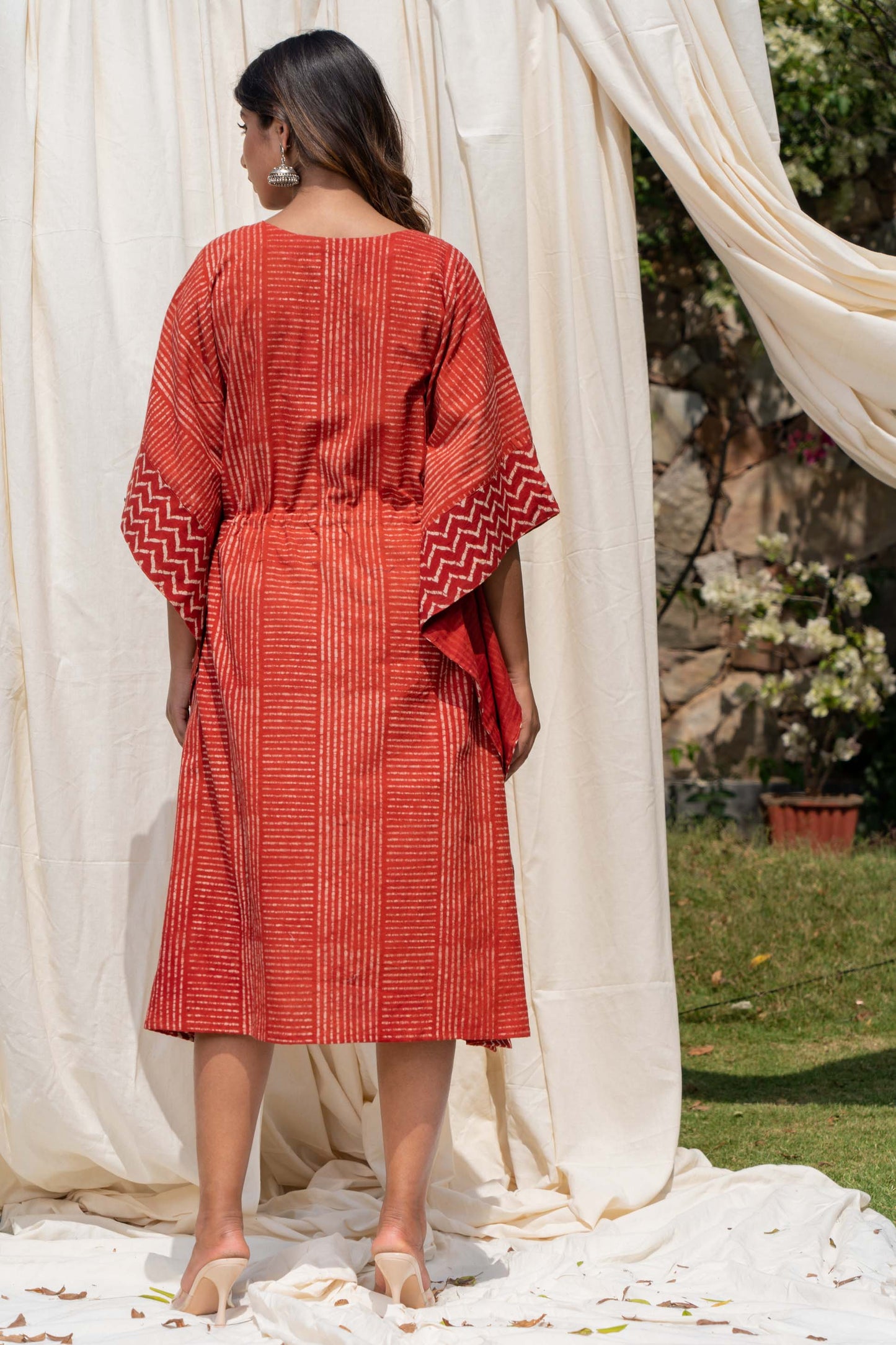 NATURAL RED BLOCK PRINTED COTTON KAFTAN-NVK292