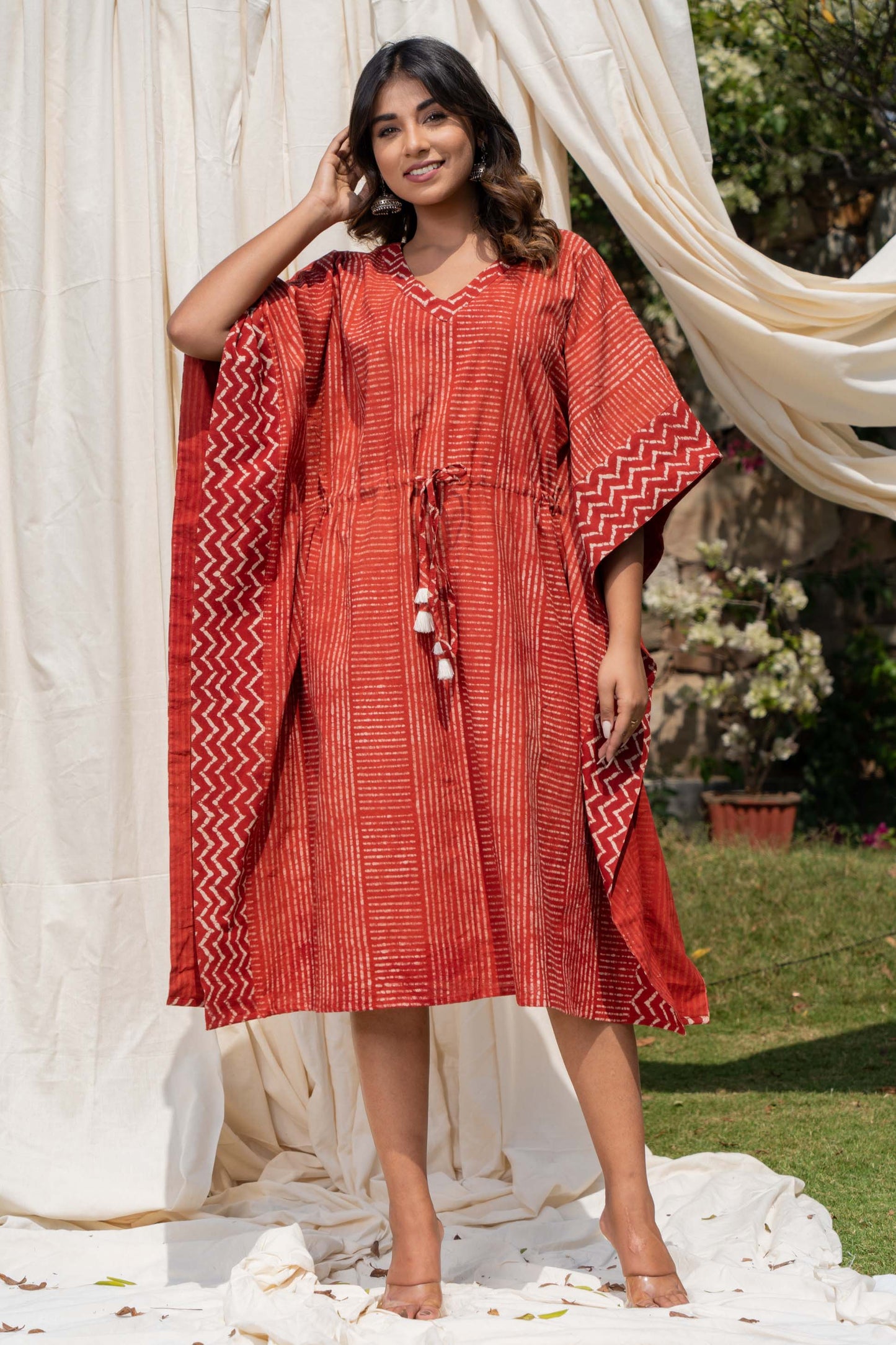 NATURAL RED BLOCK PRINTED COTTON KAFTAN-NVK292