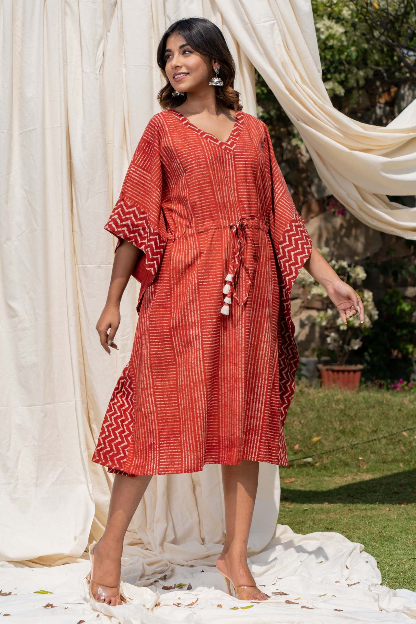 NATURAL RED BLOCK PRINTED COTTON KAFTAN-NVK292