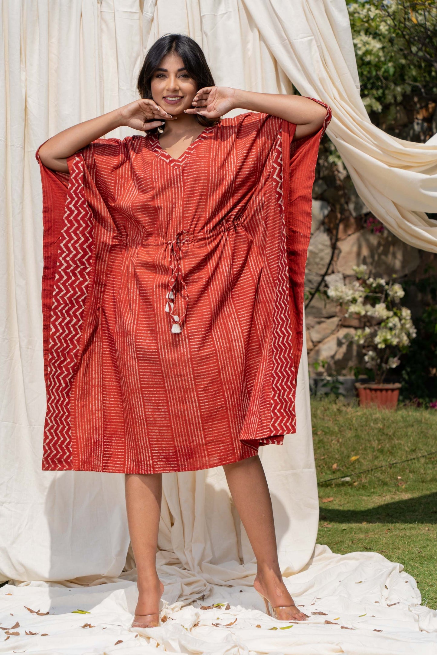 NATURAL RED BLOCK PRINTED COTTON KAFTAN-NVK292