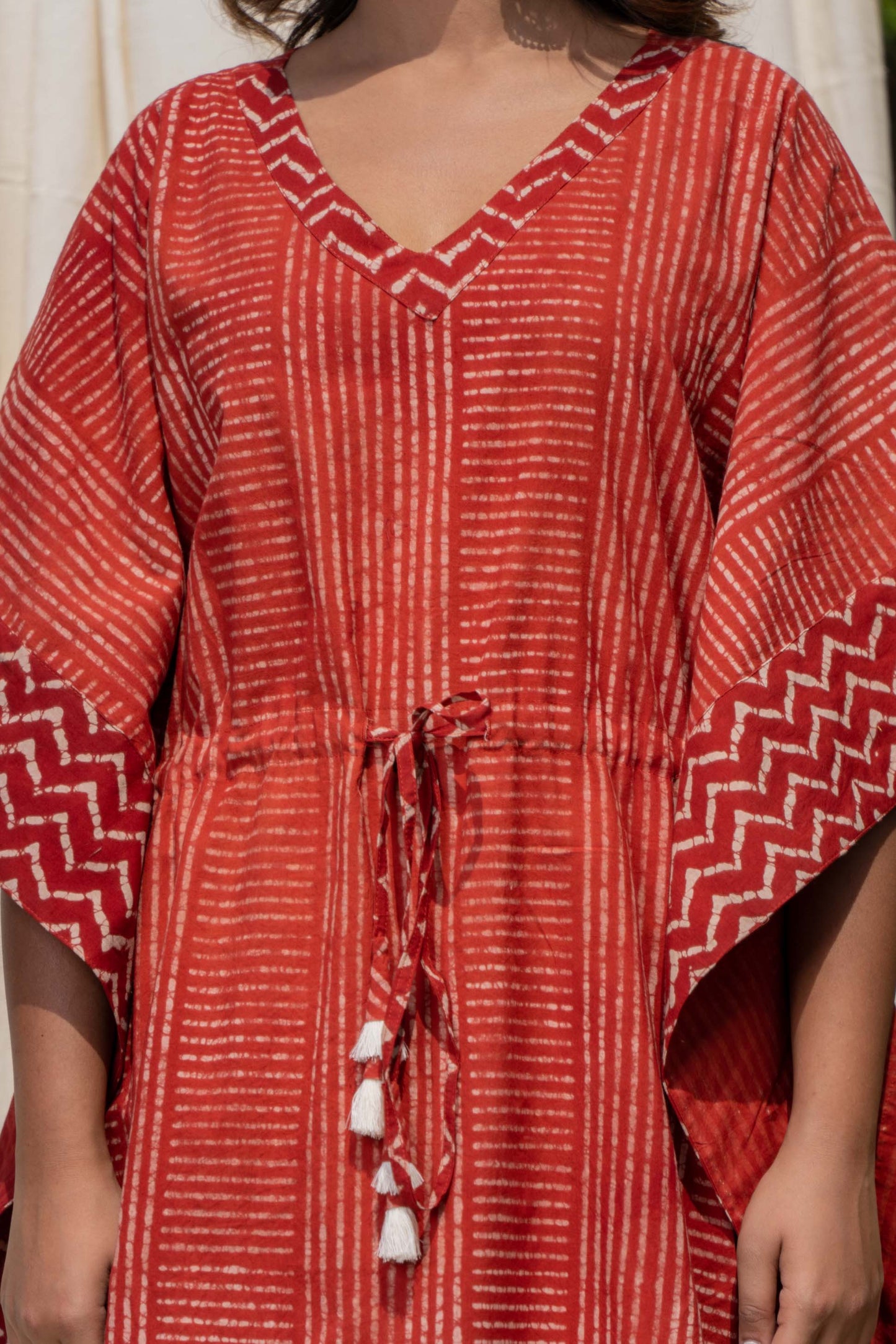 NATURAL RED BLOCK PRINTED COTTON KAFTAN-NVK292